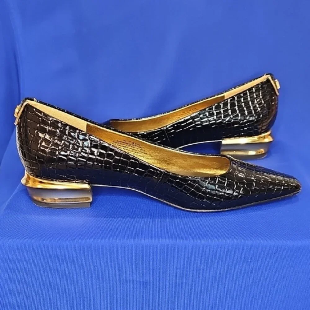 Donna Kara Savita Snip Toe Croc Embossed Flat Black Gold Size 7 - Picture 12 of 12